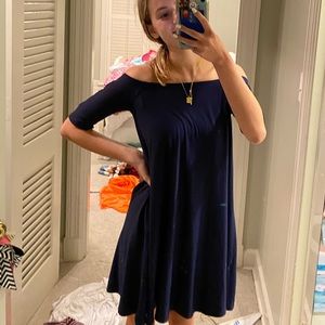 navy off the shoulder dress
